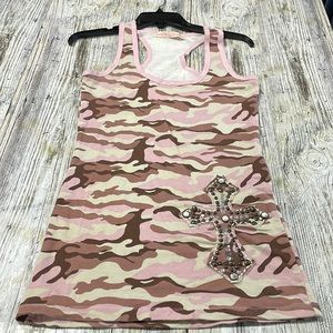 Vintage Camo Miss Me Top with beaded cross